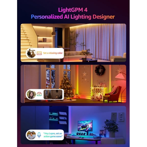 YJYASX-S1 AI LED Strip Lights for Christmas Decorations, 32.8ft Smart RGB Light Strips with IC and Rainbow Chasing Effects, Personalized Al Lighting Designer, No Remote, 2.4GHz Wi-Fi & Bluetooth