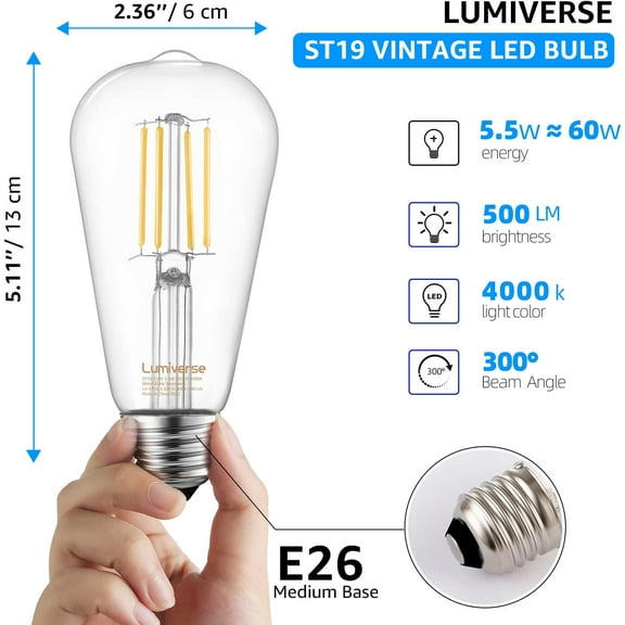 YJYASX-ST19 Dimmable LED Edison Bulb, 5.5W (60W Equivalent) 500LM, CRI 95+, 4000K Cool White, E26 Medium Base, Vintage Filament, Clear Glass, Standard Type A Lamp for Kitchen, Bathroom, Bedroom, 4 Pa