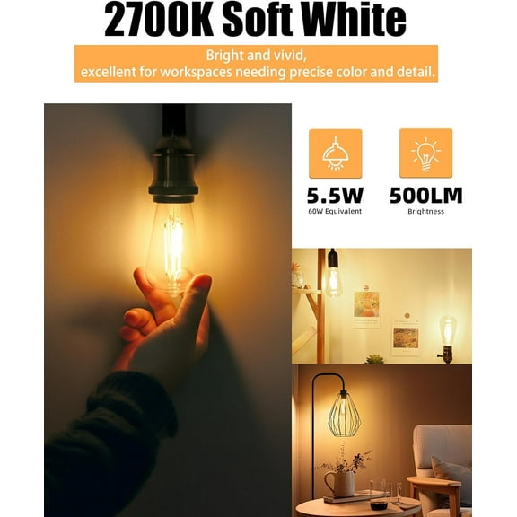 YJYASX-ST19 LED Edison Bulb, 5.5W (60W Equivalent) 500LM CRI 95+, Non-Dimmable, 2700K Soft White, E26 Medium Base, Vintage Filament, Clear Glass, Standard Type A Lamp, for Kitchen, Bathroom, Bedroom,