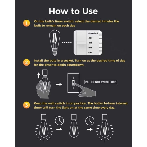YJYASX-ST19 Vintage Timer Light Bulb, 6W (60W Equivalent) LED Edison Filament Bulbs, 4 Timer Settings (3/6/9/12H), 2700K Warm White, E26 Base, Non-Dimmable, 2 Pack