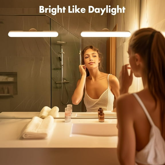 YJYASX-Set of 2 Wireless Vanity Makeup Lights for Mirror, Rechargeable LED Stick On Light Bar for Bathroom Mirror with Dimmable 3 CCT, Long Battery Life Cordless Light for Vanity Desk(Light Brown)