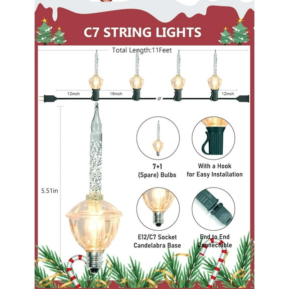 YJYASX-Silver Bubble Lights for Christmas Tree, 11Ft Vintage Christmas Decorations Light with 8 Silver Glitter Bulbs, Hanging Bubble Lights for Outdoor Holiday Party Xmas Decor, C7/E12 Candelabra Bas