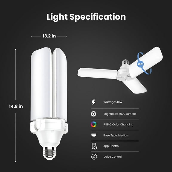 YJYASX-Smart LED Garage Light, RGBW 3 Panel, WiFi 2.4GHz, Screw-in LED Shop Light Bulb, Works with Alexa and Google Home Assistant, E26, 4000 Lumens, Garage Ceiling Light, ADJ4000/RGBW/LED/AG