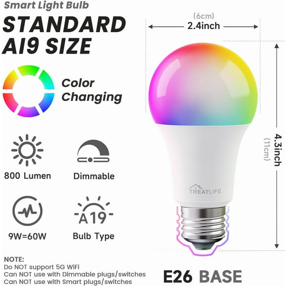 YJYASX-Smart Light Bulbs, UL Certified WiFi Bluetooth Color Changing Light Bulb, A19 LED Smart Bulb Works with Alexa & Google Home, 60W Equivalent 800 Lumen, for Smart Home Lighting