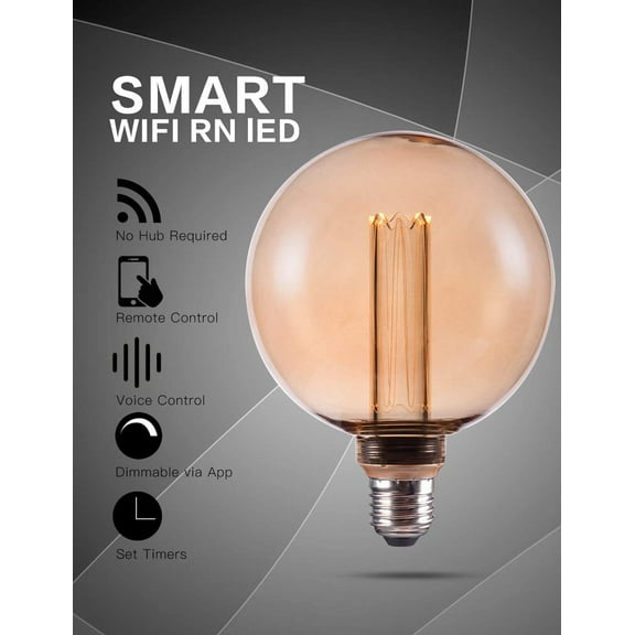 YJYASX-Smart WiFi Decorative Round LED Light Bulb, 3.8W Amber RN Vintage Edison LED Bulb, G125, Dimmable Soft Warm 2000K, E26 Base, No Hub Required, Compatible with Alexa and Google Home Assistant