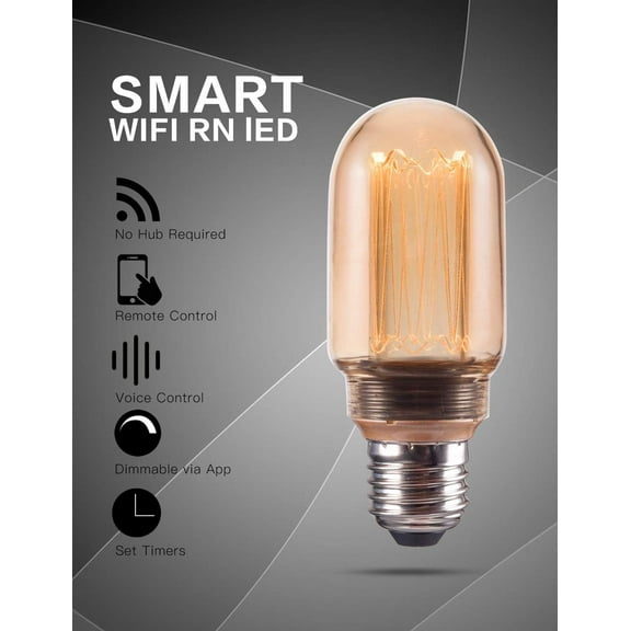 YJYASX-Smart WiFi Decorative Tube LED Light Bulb, 3.8W Amber RN Vintage Edison LED Bulb, T45, Dimmable Soft Warm 2000K, E26 Base, No Hub Required, Compatible with Alexa and Google Home Assistant
