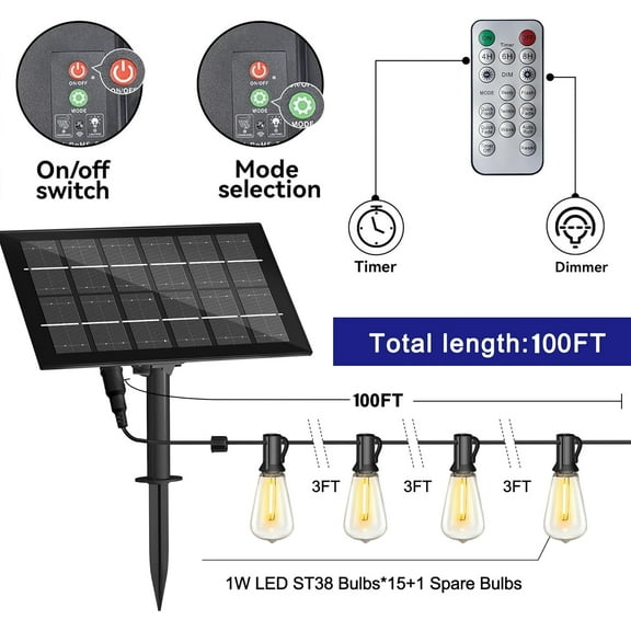 YJYASX-Solar Powered String Light 100FT with Remote Control 8 Light Modes, Weatherproof Shatterproof ST38 LED Bulb 30 Sockets for Backyard Porch Cafe, Large Solar Panel