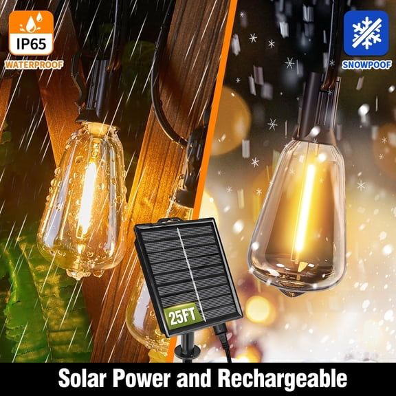 YJYASX-Solar String Lights Outdoor Waterproof with Remote & Timer, LED Shatterproof ST38 Bulbs, USB & Solar Powered Patio Lights for Backyard, Porch, Garden, Wedding, Christmas Decor (25FT)
