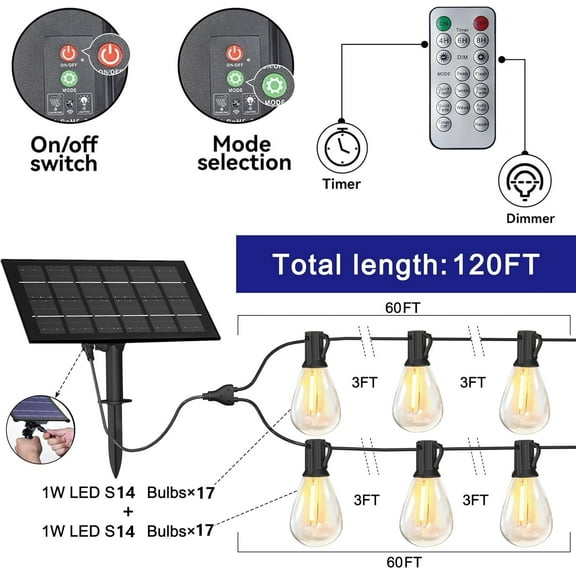 YJYASX-Solar String Lights for Outside 120FT with Remote 8 Lights Mode, Weatherproof Shatterproof S14 LED Bulb 34 Sockets, Outdoor Patio Light for Backyard Porch Cafe