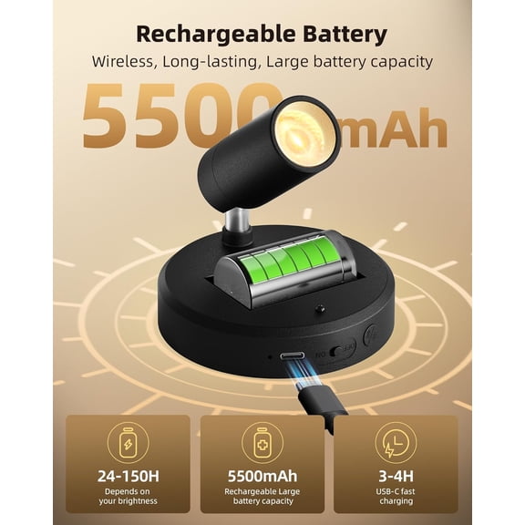 YJYASX-Spotlights Indoor with Remote, 5500mAh Rechargeable Picture Lights, Wireless LED Uplighting with TimerDimmable, 3CCT, Display Lights for Plant Painting, Artwork, Accent Lighting (2Pack-Black)