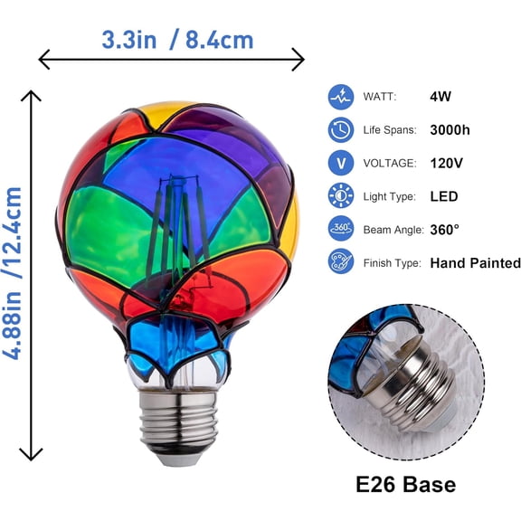 YJYASX-Stained Glass Light Bulb, Rainbow Painted, 4W 120V, Multi Colored Indoor, Fun Romantic, Unique Decorative