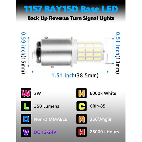 YJYASX-Super Bright 1157 BAY15D LED Bulbs, 3w 2357 2057 7528 LED Brake Light Bulb, 6000k Daylight White 350LM BAY15D Bulb for RV Car Camper Trailer Back Up Reverse Turn Signal Lights, 2PCS