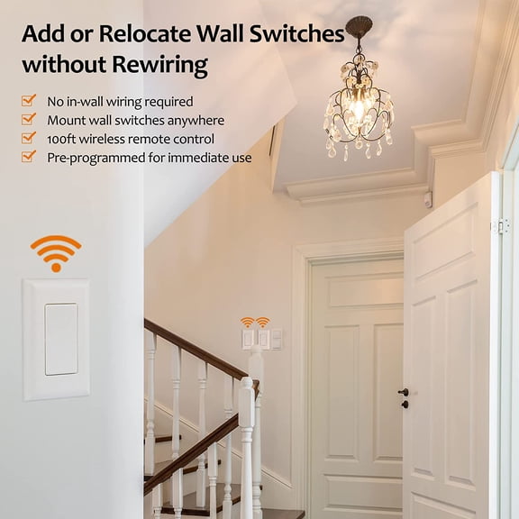YJYASX-Suraielec Wireless Light Switch and Receiver Kit, 15A High Power, No Wiring, 100ft RF Range, Programmable Remote Control 3 Way Wall Switches for Lamp, Ceiling Light, Fan, Outdoor Lighting