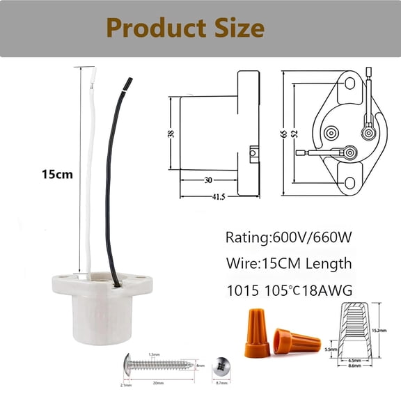 YJYASX-Surface Mount E26 Light Socket, Porcelain Medium Base Lamp Holder,Cleat Light Socket,with 6-Inch Leads, 2-Hole Flange Mount,Glazed (2-Pack)