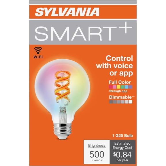 YJYASX-Sylvania WiFi LED Smart G25 RGBW Color and Amber Finish Filament Light Bulb, 7W Efficient, for Alexa/Google Assistant, 2000K, No Hub Required, Clear - 1 Pack (75808)