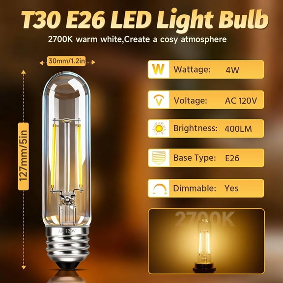 YJYASX-T10 LED Bulb Dimmable E26 Long Light Bulb 120V 4W Equal 40 Watt Tubular Light Bulbs 400LM 2700K Warm White Long Edison Light Bulbs for Curio Cabinet Chandelier Wall Sconces Decoration 2 Pack