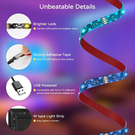 YJYASX-TV Backlight 55 inch, 11.5Ft Led Strip Lights USB Powered with Remote -Curve Design Sync on/Off with TV, Changing LED Background Bias Lighting for Living Room Decor, Gaming Decor