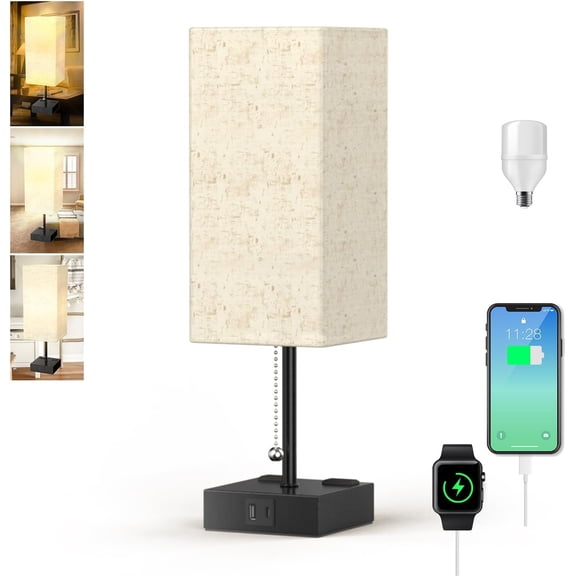 YJYASX-Table Lamp for Bedroom with USB,Bedside Lamp with USB C+A Charging Ports,Adjustable 3color LED Light for Home Decor/Nightstand/Office,Included Bulb and Fabric Lamp Shade (Linen White, 1PCS)