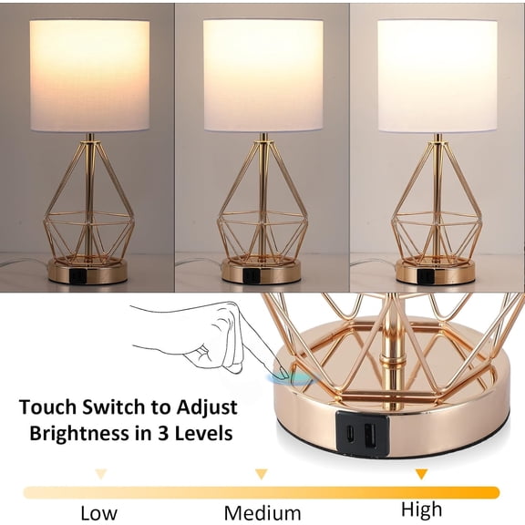 YJYASX-Table Lamp with USB Port, 3 Way Dimmable Touch Lamps for Nightstand, Modern Small Bedside Lamp with Fabric Shade, Gold Side Table Lamp for Bedroom Living Room, USB A & USB C, LED Bulb Included