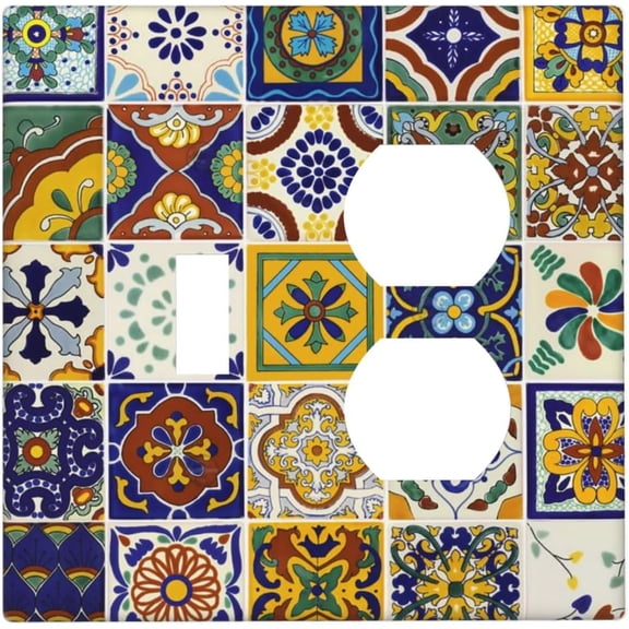 YJYASX-Talavera Kitchen Mexican Tile Combination 1-Toggle 1-Duplex Receptacle 2 Gang Wall Plate, Yellow/Blue Moroccan Mexico Mosaic 2 Gang Combo Single Toggle/Light Switch One Duplex Outlet Faceplate