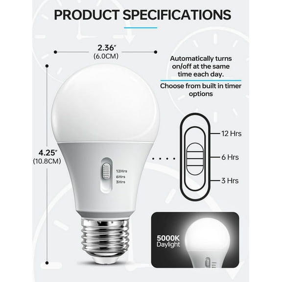 YJYASX-Timer Light Bulb Indoor: Light Bulb with Timer Built in 13W Equivalent 100W, A19 LED Light Bulbs Daylight 5000K, Automatic On/Off, Light Bulbs for Lamps Indoor, Porch Garage Security, 4Pack