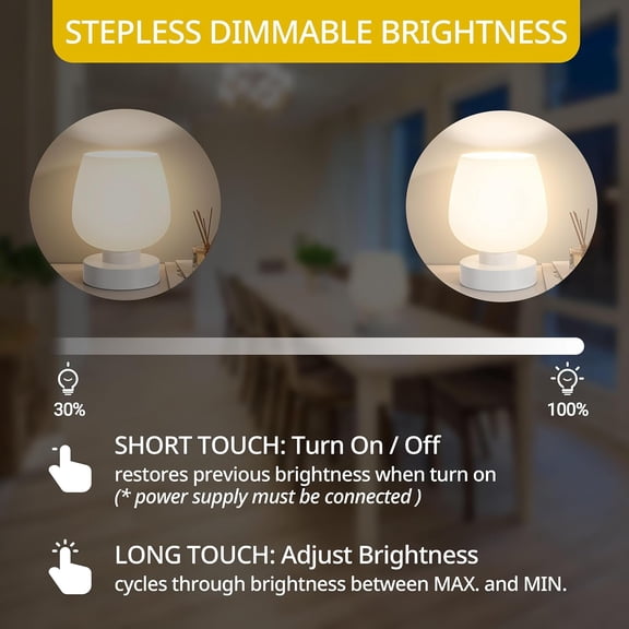 YJYASX-Touch Bedside Lamp, Mini Stepless Dimmable Table Lamps for Bedroom for Night Stands, Small Desk Lamp with Brightness Memory, USB Charging Ports, Warm LED Bulb, White, Round Shape, 1 Set