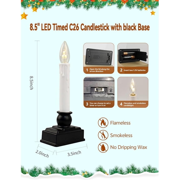 YJYASX-Traditional Flameless Window Candles, 4-Pack with Automatic Timer, Battery Operated LED Taper Candles for Christmas, Holiday & Farmhouse Window Decorations