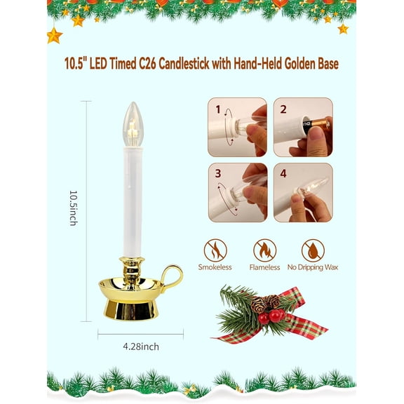 YJYASX-Traditions Flameless Window Candles, 4-Pack Battery Operated LED Taper Candles with Auto-Timer & Gold Holders for Christmas, Holiday & Year-Round Home Ambiance