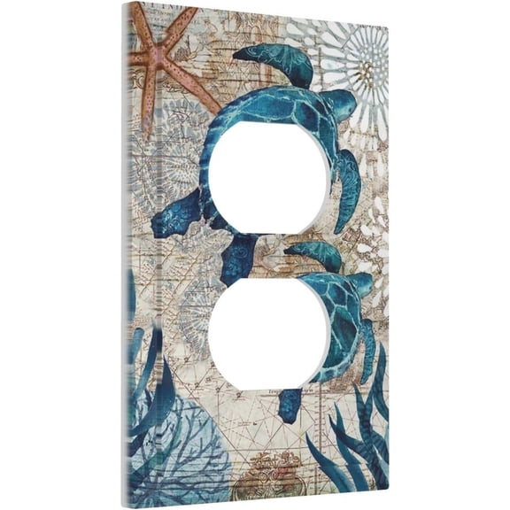 YJYASX-Tropical Beach Turquoise Teal Blue Sea Turtle 1 Gang Duplex Receptacle Wall Plate Starfish Coral Reef Nautical Ocean Map Electrical Outlet Decorative Decorator Light Switch Faceplate Plug Sock