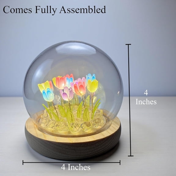 YJYASX-Tulip Lamp Glass Globe - Illuminated Flower Lamp with Glowing Blooms on Wooden Base - Battery-Powered Decorative Night Light for Bedroom, Living Room & Home Decor