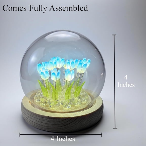 YJYASX-Tulip Lamp Glass Globe - Illuminated Flower Lamp with Glowing Blooms on Wooden Base - Battery-Powered Decorative Night Light for Bedroom, Living Room & Home Decor