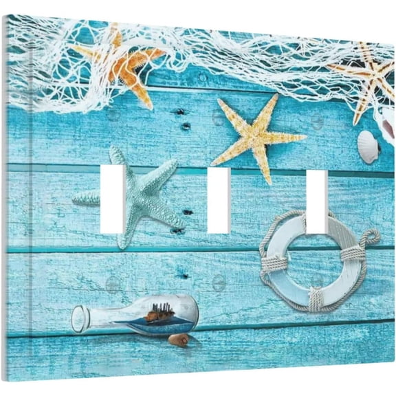 YJYASX-Turquoise Teal Fishing Net Wood Plank 3 Gang Light Switch Plate Decorative Triple Toggle Wall Plate Cover Electrical Faceplate for Bathroom Home Living Room Decorate