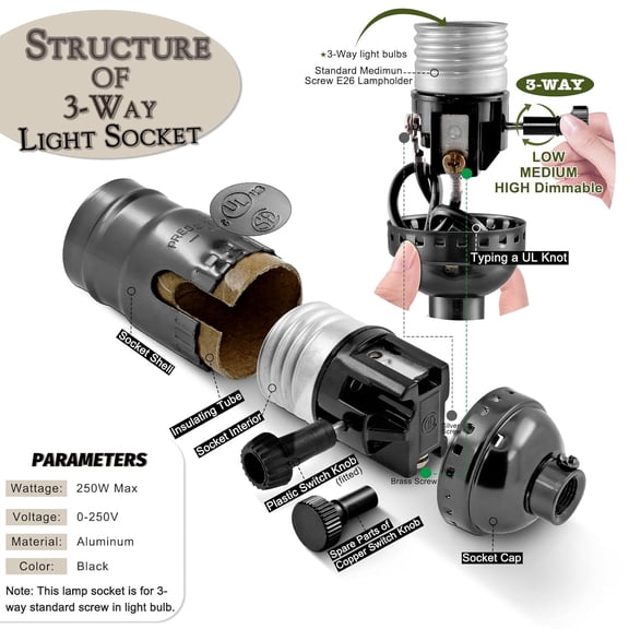YJYASX-Twist Switch 3 Way Lamp Socket,E26 Standard Medium Screw Light Bulb Socket,Turning Knob 3-Way Dimmer Switch Light Socket to Repair or Replace Floor and Table Lamps,UL Listed (Black, 2)