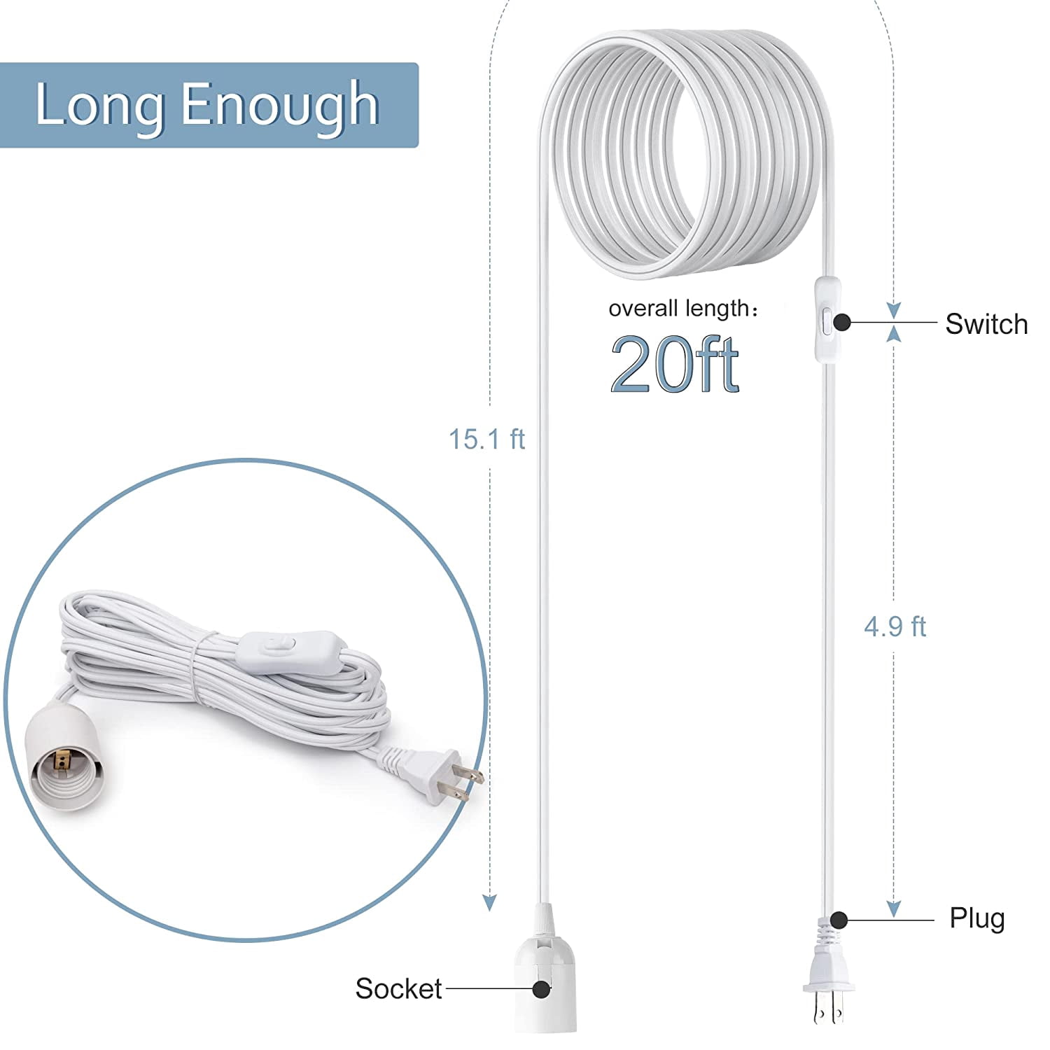 YJYASX-UL Approval 20Ft Extension Hanging Lantern Cord Cable with On ...