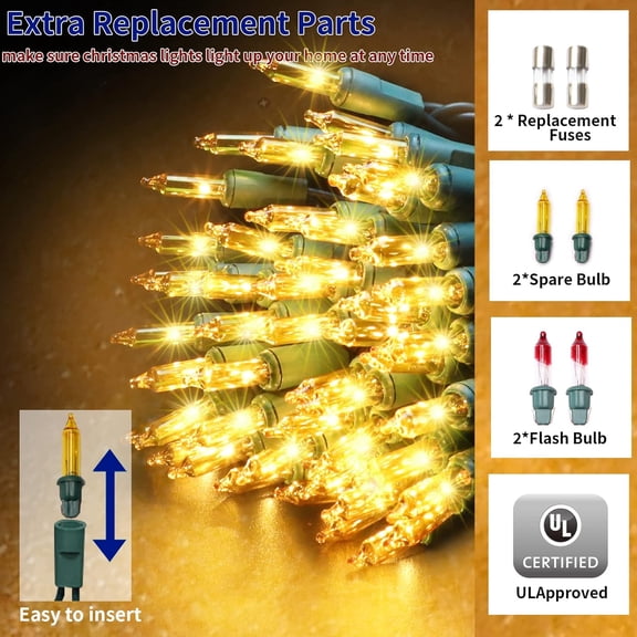 YJYASX-Ultra-Bright Connects End to End Yellow Christmas Mini Lights 100L 19.6Ft UL Listed Incandescent Bulb String Light Set for Indoor Outdoor Holiday Garden Party Christmas Tree Garland Decor