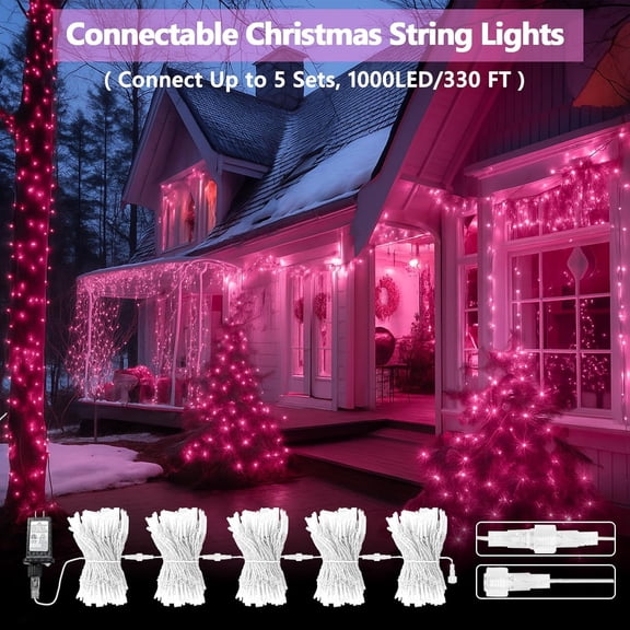 YJYASX-Upgraded Connectable 200 LED String Lights Indoor Outdoor, 66FT Pink Christmas Lights Waterproof, 13 Modes Twinkle Fairy Lights Plug in Clear Wire for Valentine's Day, Bedroom, Classroom Decor