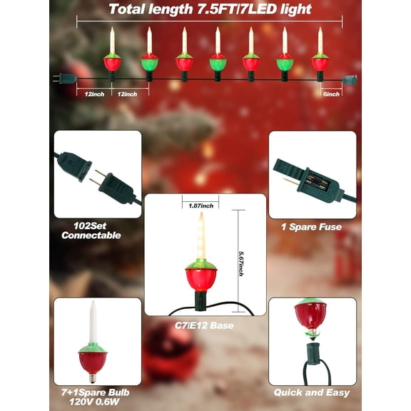 YJYASX-Vintage Christmas Bubble Lights - Set of 7 Nostalgic Bubbling Lights on 7.5ft Green Wire, UL Certified Old Fashioned Christmas Tree Lights for an Enchanting Holiday Glow
