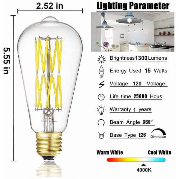 YJYASX-Vintage LED Edison Dimmable 15W Led Filament Light Bulbs ST64 1300 Lumen 4000K Daylight White 100-120 Watt Equivalent,E26 Base Decorative Antique Lamp for Home Bathroom Bedroom 4 Pack