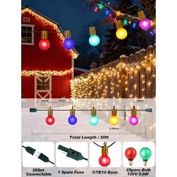 YJYASX-Vintage Multicolor G40 Globe Christmas Lights Outdoor - 50FT LED Shatterproof String Lights for Patio, Backyard, Party, Holiday Decorations, Connectable, E12 Base