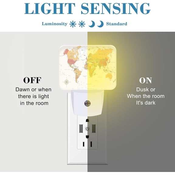 YJYASX-Vintage Yellow World Map Night Light for Kids, World Map LED Night Light Plug into Wall with Dusk to Dawn Sensor for Girls Boys Women Men Bedroom, Hallway, Kitchen, Bathroom, Stairs Decor