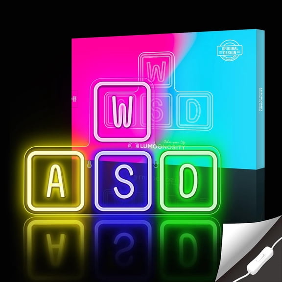 YJYASX-WASD Neon Sign - Yellow/Green/Blue/Pink Keyboard Neon Lights - WASD Keycaps Led Sign for Wall, Bedroom, Video/PC Game Room Decor - Haning WASD Keys' Gaming Lights for Gamers, Streamers