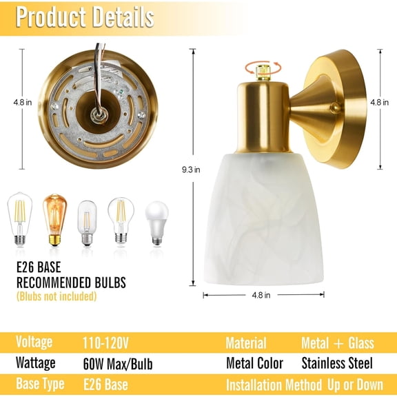 YJYASX-Wall Sconces Set of 2, Gold Vanity Lights for Bathroom, Modern Wall Light Fixtures with Rotary Switch, Wall Mount Light with Frosted Glass, Farmhouse Lamp for Bedroom Living Room
