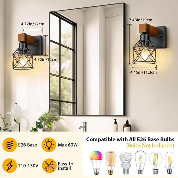 YJYASX-Wall Sconces Set of Two, Farmhouse 1-Light Matte Black Vanity Lights for Bathroom, Rustic Wooden Bedside Hardwired Wall Mounted Lamp with Metal Cage for Hallway, Living Room, Mirror, Kitchen
