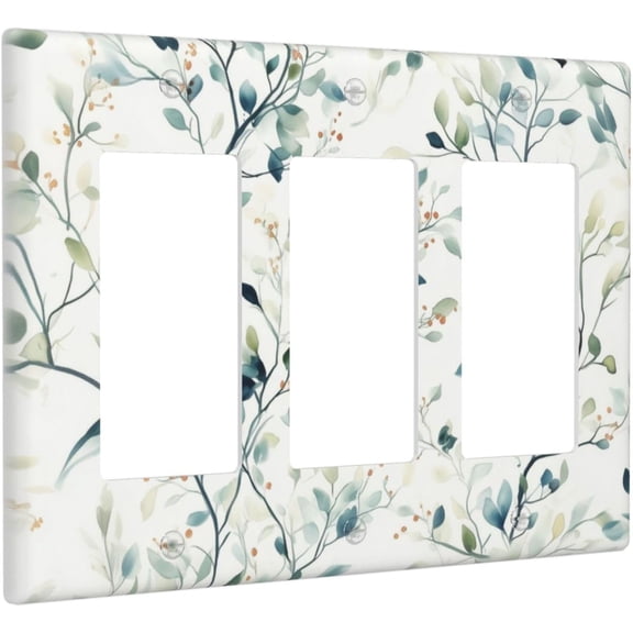 YJYASX-Watercolor Floral Green Leaves Triple Rocker Light Switch Cover Green Botanical Flowers 3 Gang Rocker Switchplates Wall Plate Decorative Faceplate for Bedroom Kitchen Living Room Decor