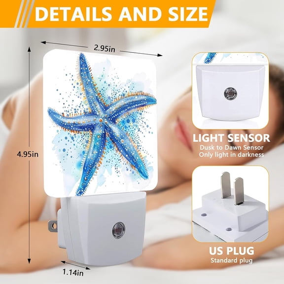YJYASX-Watercolor Starfish Night Light, Plug-into Sea Beach Nightlight White LED Lamp, Energy Efficient Decor Desk Lamp for Bedroom Hallway Stairs Bathroom