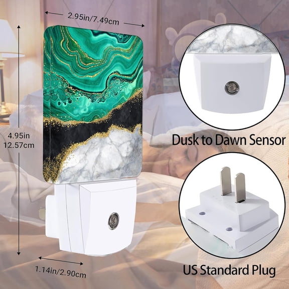 YJYASX-White Marble Night Light, Black Granite Green Agate Night Lights Plug into Wall Decor for Bedroom, Bathroom, Hallway, Kitchen, Dusk to Dawn Sensor Nightlights for Boys Girls Women Men Room Gif