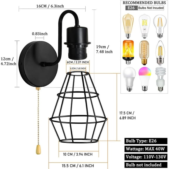 YJYASX-Wire Cage Wall Sconce with Pull Chain 2pack, Hardwire Wall Lights with On Off Switch, Metal Wall Mount Light Fixture Indoor E26 Vintage Black Wall Lighting for Living Room, Bedroom