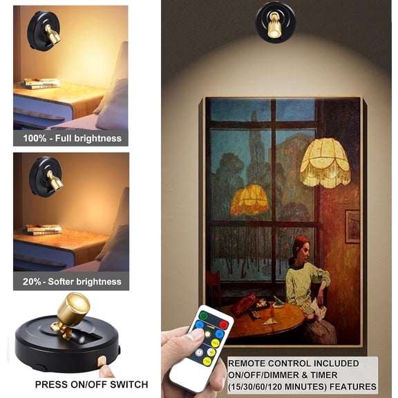 YJYASX-Wireless LED Spotlight, 2Pack Battery Powered Picture Lights Puck Lights, Uplighting Indoor with Remote, Stick Spot Light for Wall Art Display Dartboard Painting Artwork Accent Closet