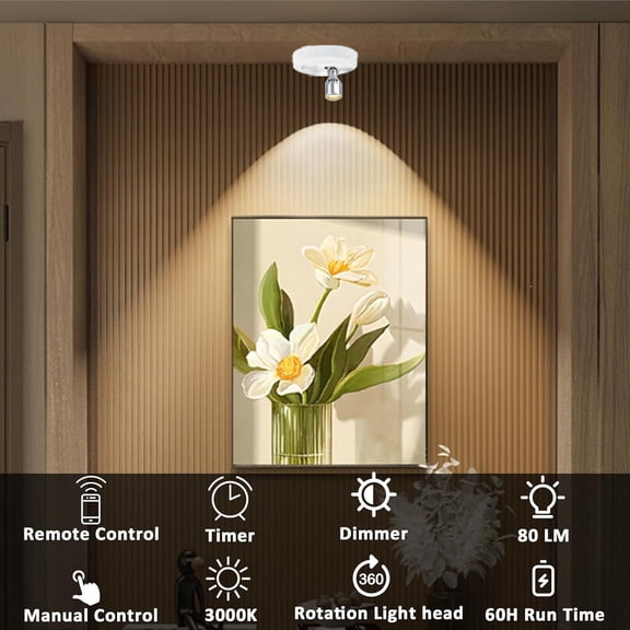 YJYASX-Wireless LED Spotlight, Battery Powered Picture Lights, Uplighting Indoor, Tree Spotlight with Remote, Stick Spot Light for Wall Art Display Dartboard Painting Artwork Accent Closet, 2Pack