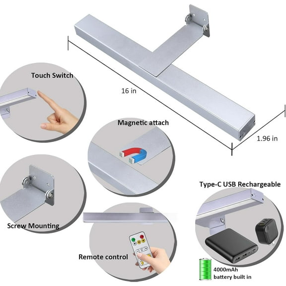 YJYASX-Wireless Picture Lights with Remote, Metal 16in Recgargeable Battery Painting Light Display Lamp with 3 Lighting Modes, Dimmable Dartboard Light with Timer for Frame Portrait Art, Silver